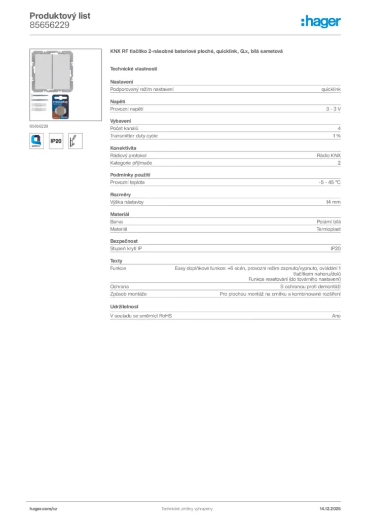 Obrázek Hager Produktový list 85656229 | Hager