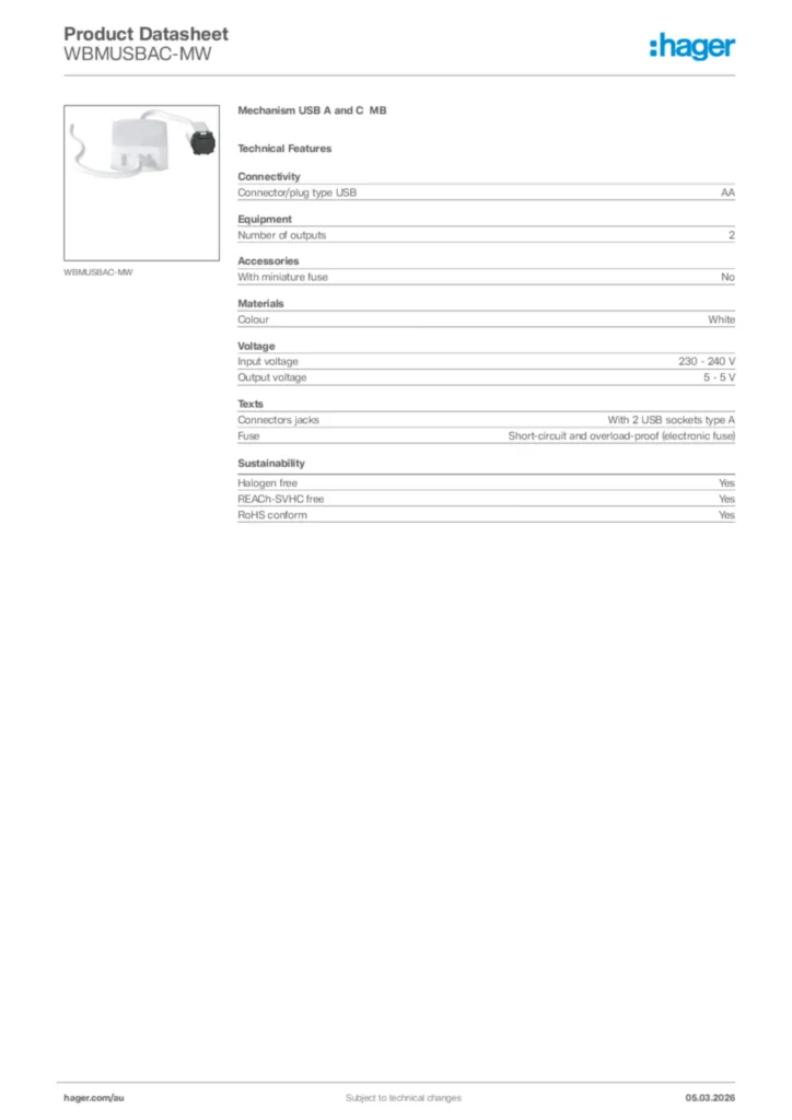 Image Hager Product data sheet WBMUSBAC-MW  | Hager Australia