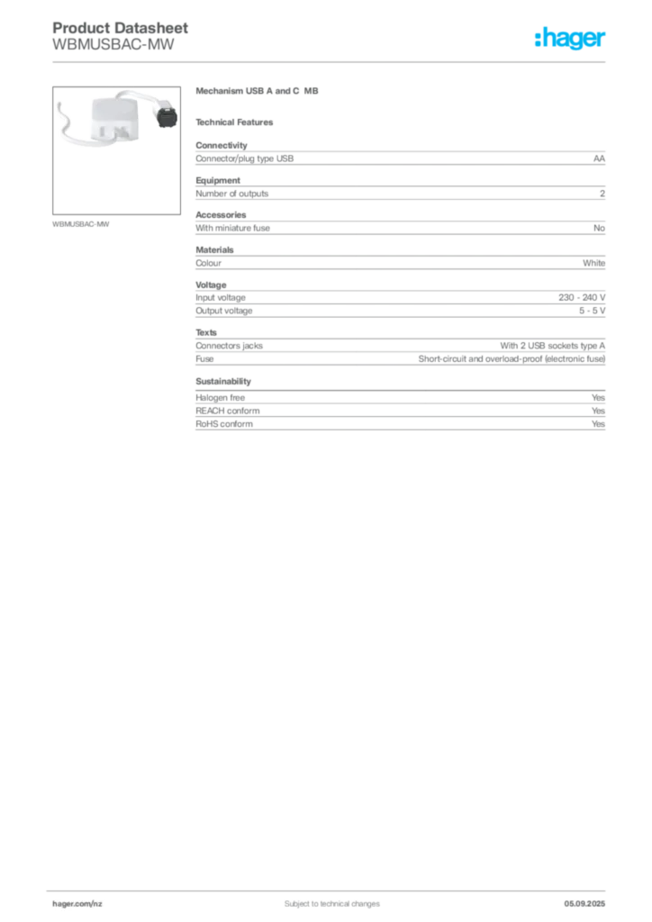 Image Hager Product data sheet WBMUSBAC-MW  | Hager New Zealand