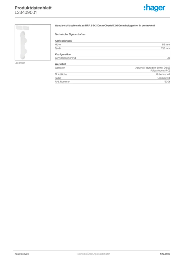 Bild Hager Produktdatenblatt L33409001 | Hager Deutschland