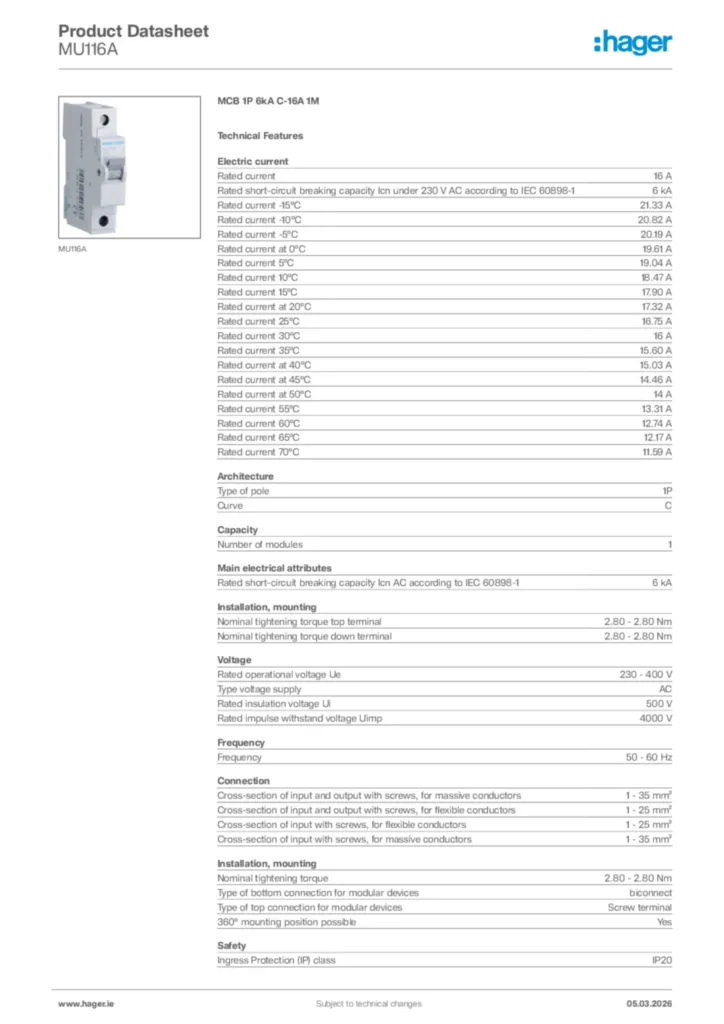 Image Hager Product data sheet MU116A  | Hager