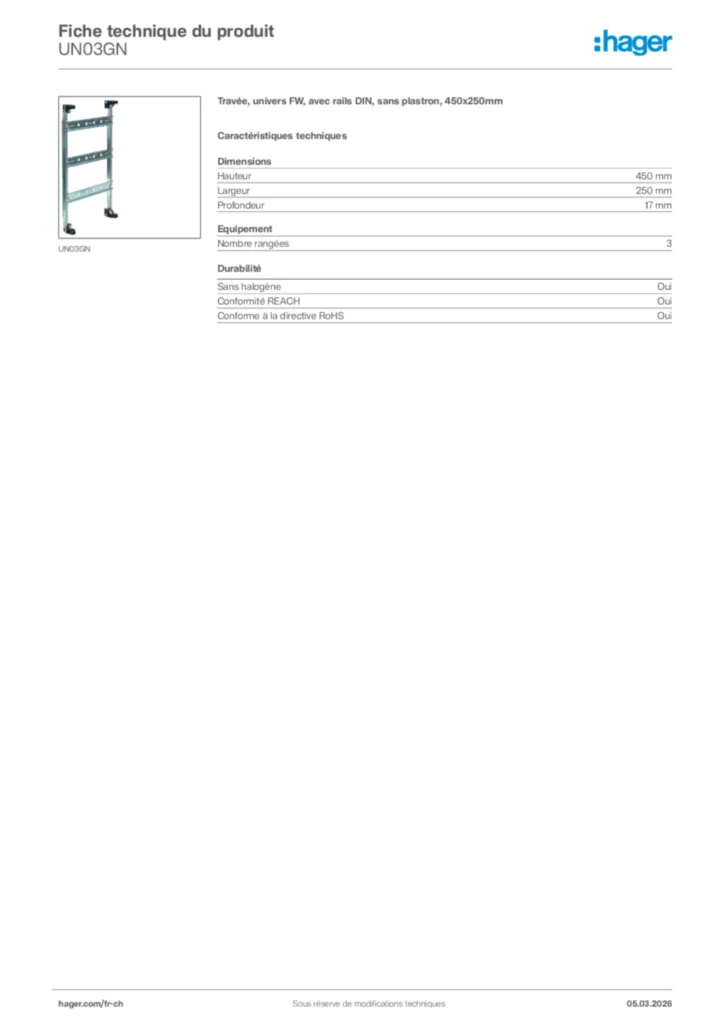 Image Hager Fiche technique du produit UN03GN | Hager Suisse