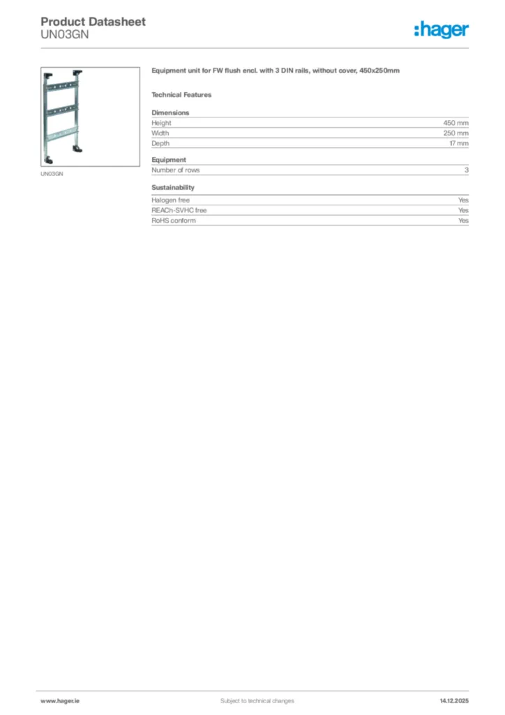 Image Hager Product data sheet UN03GN  | Hager