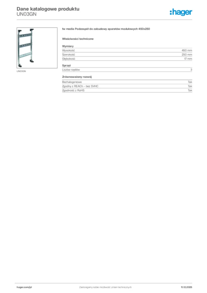 Zdjęcie Hager Dane katalogowe produktu UN03GN | Hager Polska