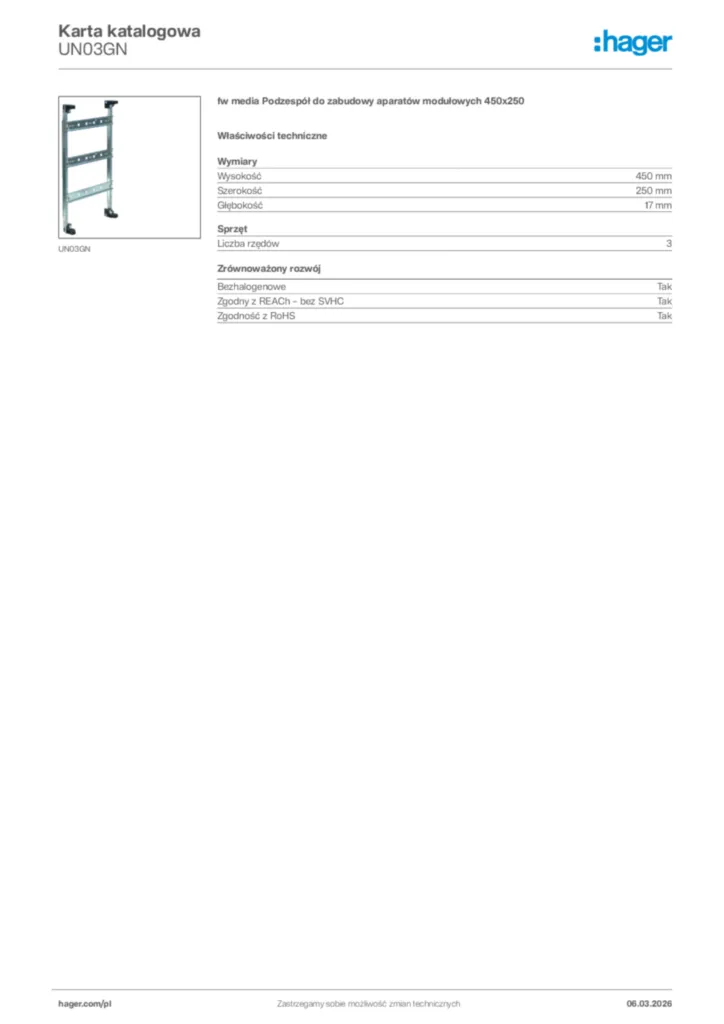 Zdjęcie Hager Karta katalogowa UN03GN | Hager Polska