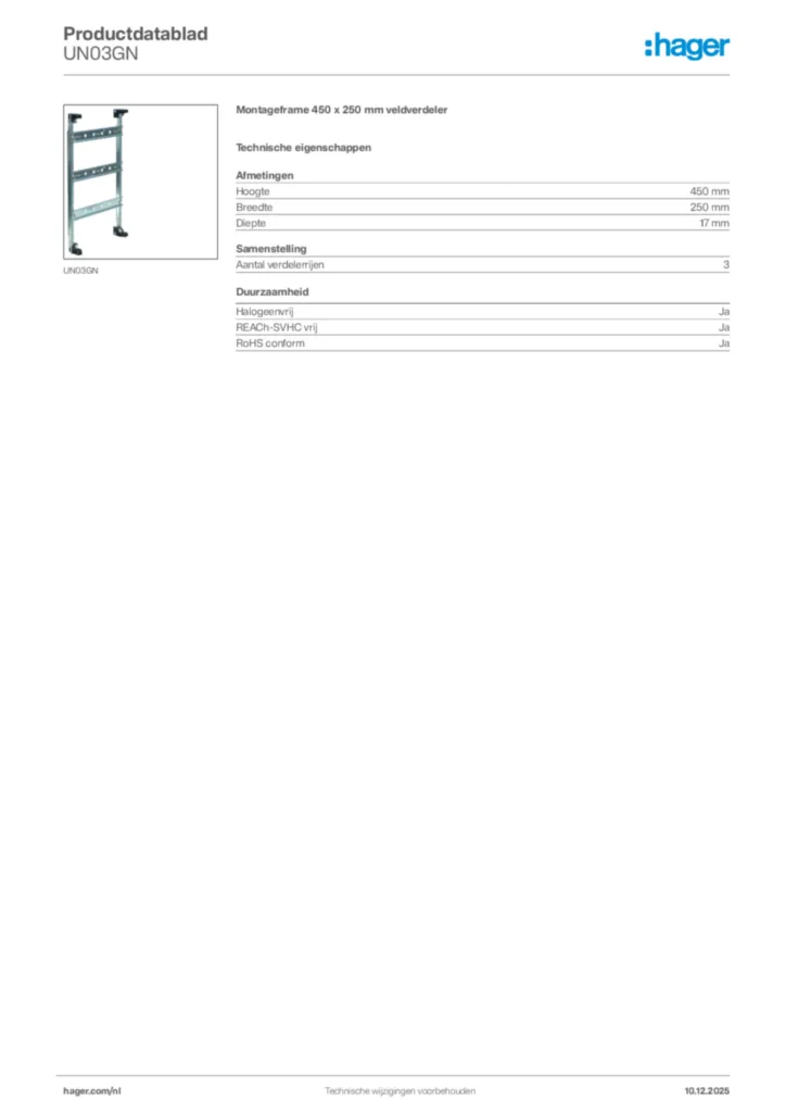 Afbeelding Hager Productdatablad UN03GN | Hager Nederland