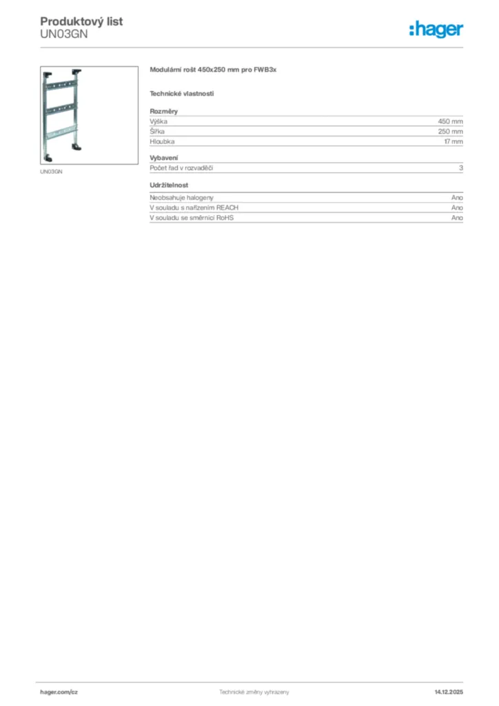 Obrázek Hager Produktový list UN03GN | Hager