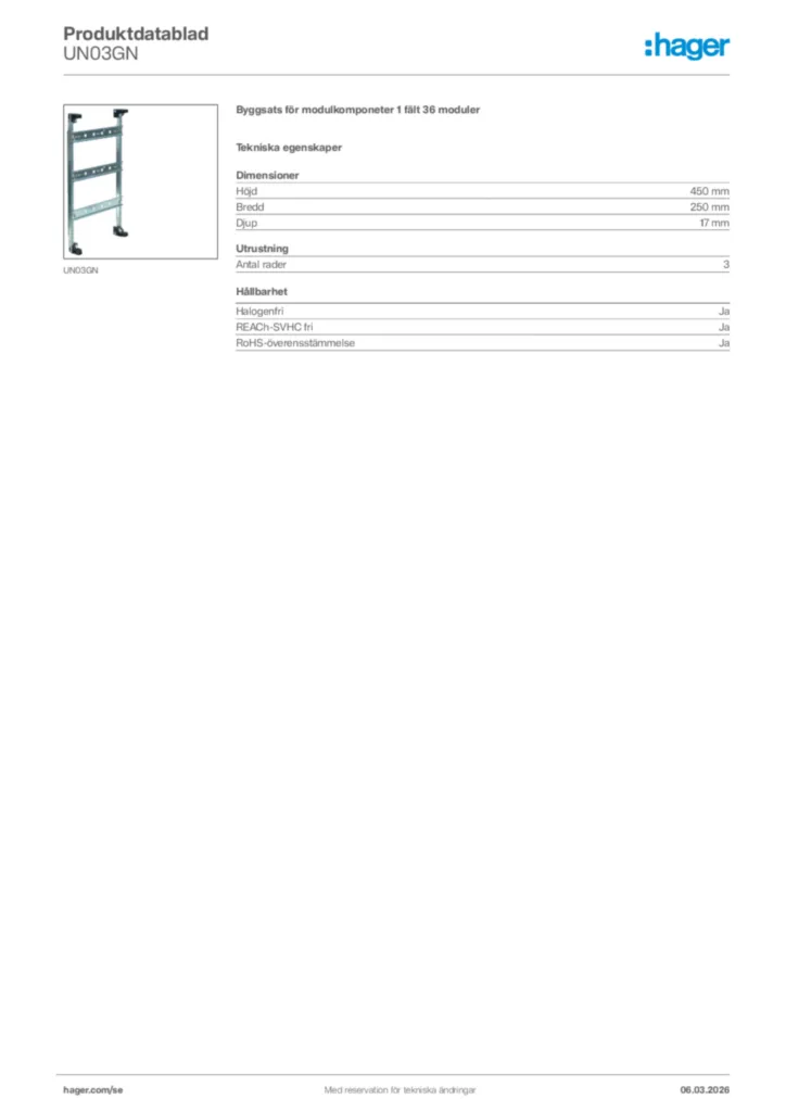 Bild Hager Produktdatablad UN03GN | Hager Sverige