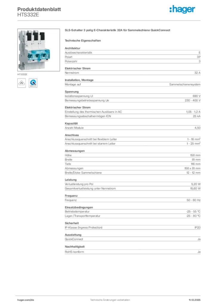Bild Hager Produktdatenblatt HTS332E | Hager Deutschland