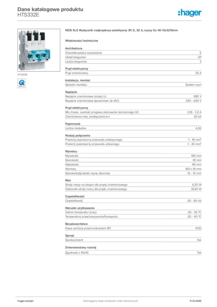 Zdjęcie Hager Dane katalogowe produktu HTS332E | Hager Polska