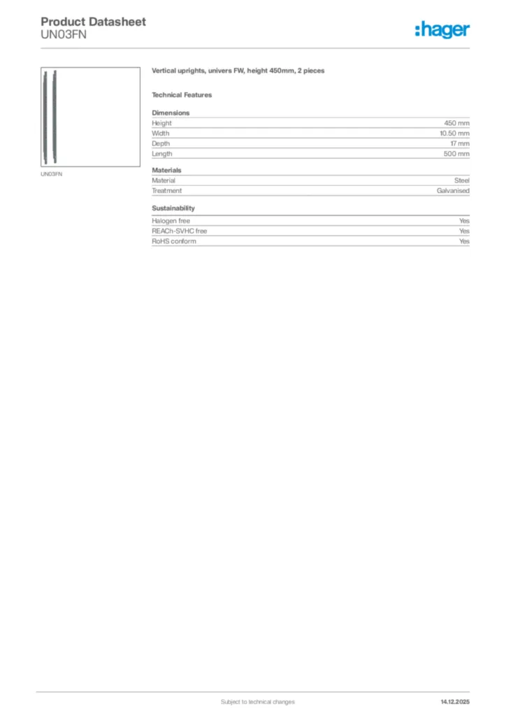 Image Hager Product data sheet UN03FN  | Hager Africa