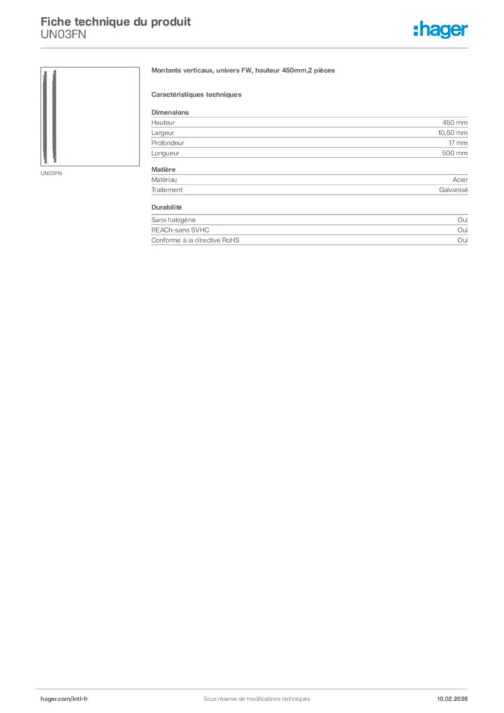 Image Hager Fiche technique du produit UN03FN | Hager Afrique