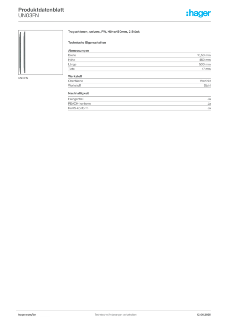 Bild Hager Produktdatenblatt UN03FN | Hager Deutschland