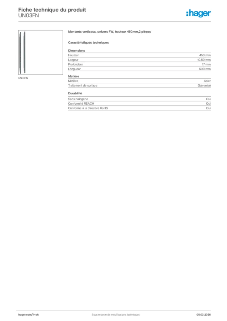 Image Hager Fiche technique du produit UN03FN | Hager Suisse