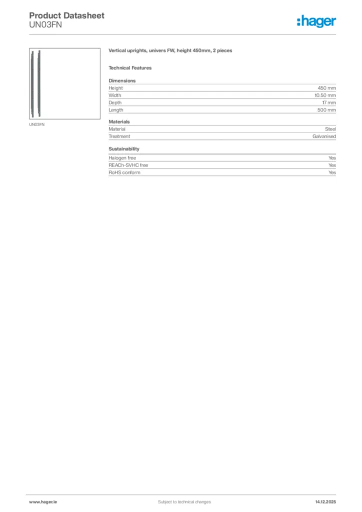 Image Hager Product data sheet UN03FN  | Hager