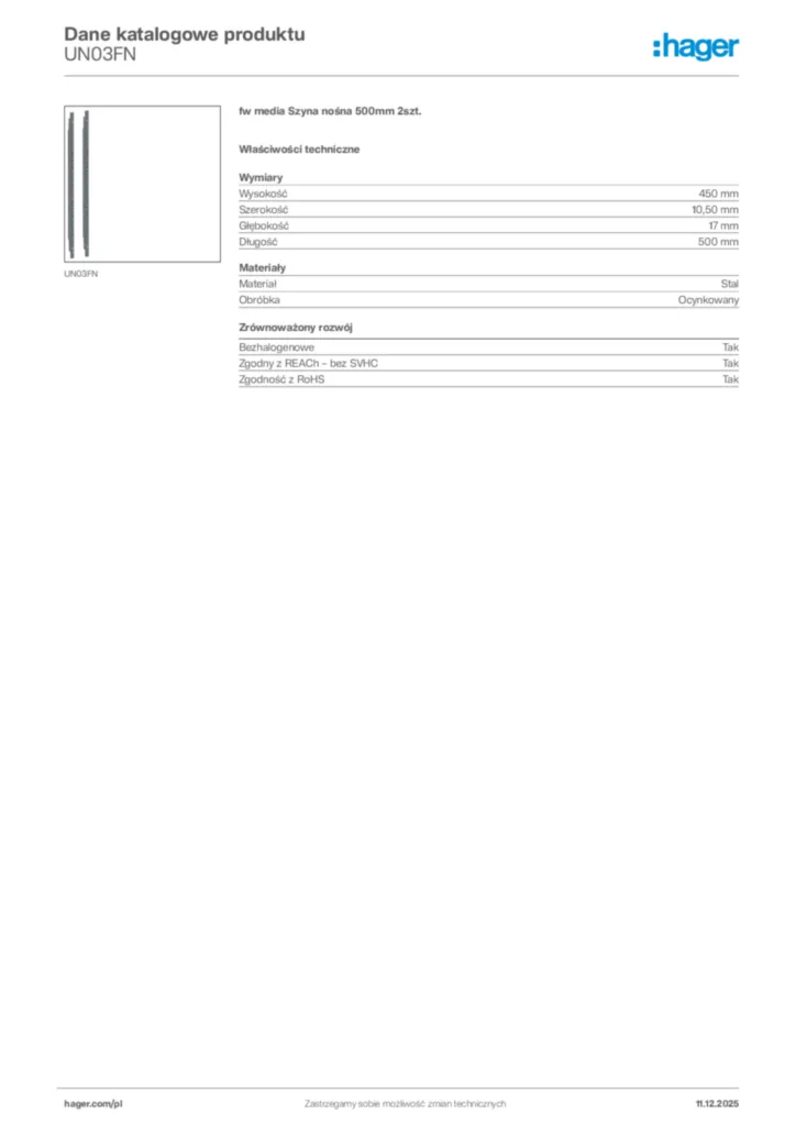Zdjęcie Hager Dane katalogowe produktu UN03FN | Hager Polska