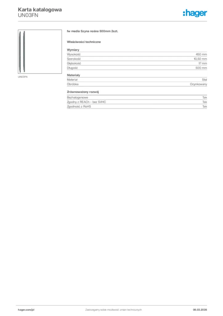 Zdjęcie Hager Karta katalogowa UN03FN | Hager Polska