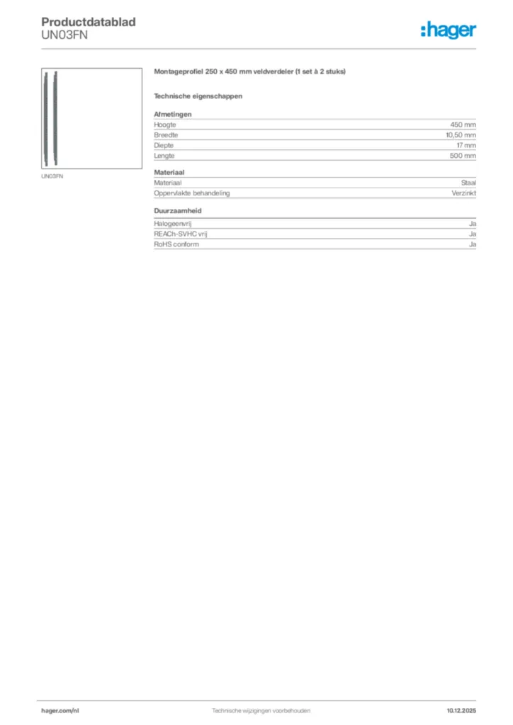 Afbeelding Hager Productdatablad UN03FN | Hager Nederland