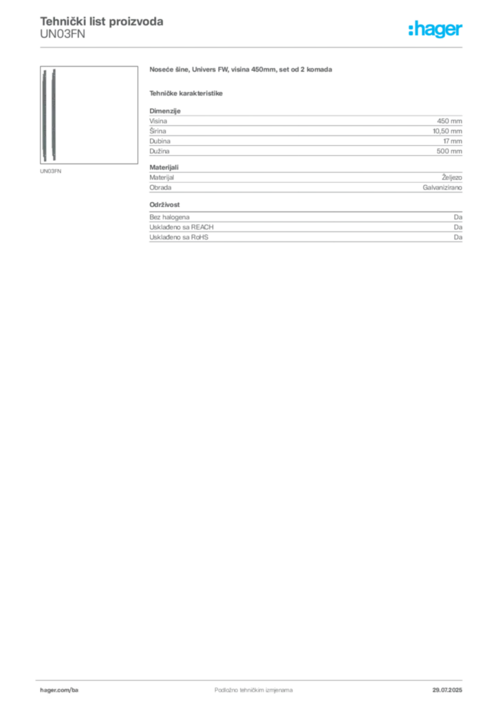 Slika Hager Product data sheet UN03FN  | Hager