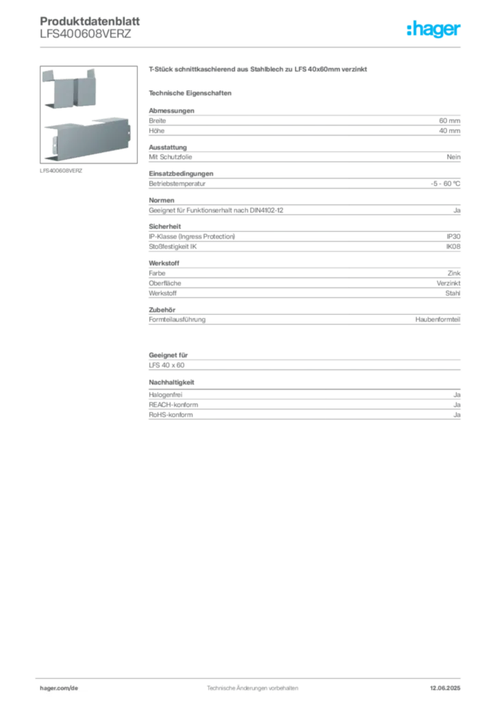 Bild Hager Produktdatenblatt LFS400608VERZ | Hager Deutschland