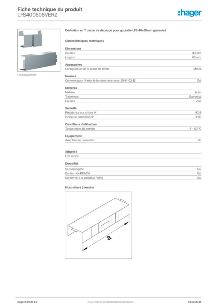 Image Hager Fiche technique du produit LFS400608VERZ | Hager Belgique