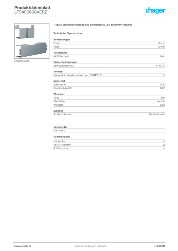 Bild Hager Produktdatenblatt LFS400608VERZ | Hager Schweiz