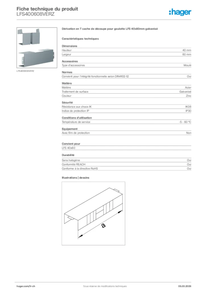 Image Hager Fiche technique du produit LFS400608VERZ | Hager Suisse