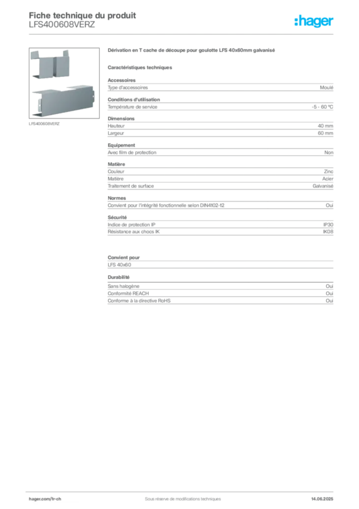 Image Hager Fiche technique du produit LFS400608VERZ | Hager Suisse