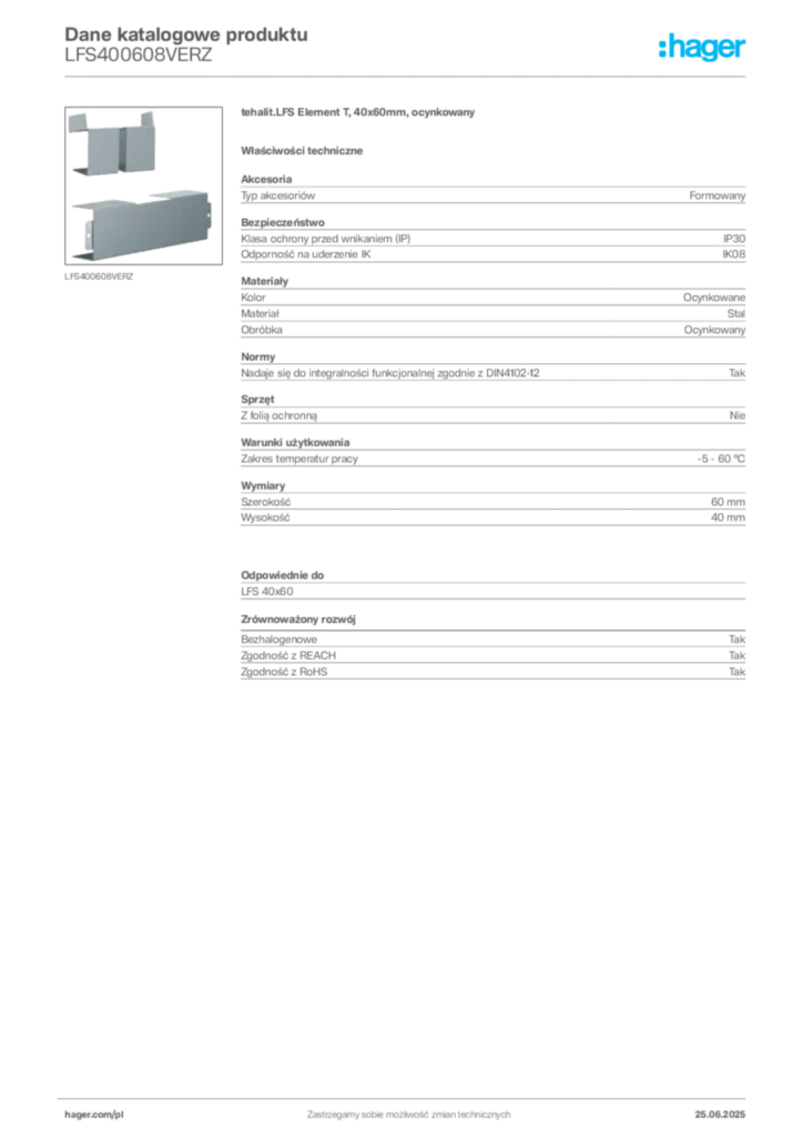 Zdjęcie Hager Dane katalogowe produktu LFS400608VERZ | Hager Polska