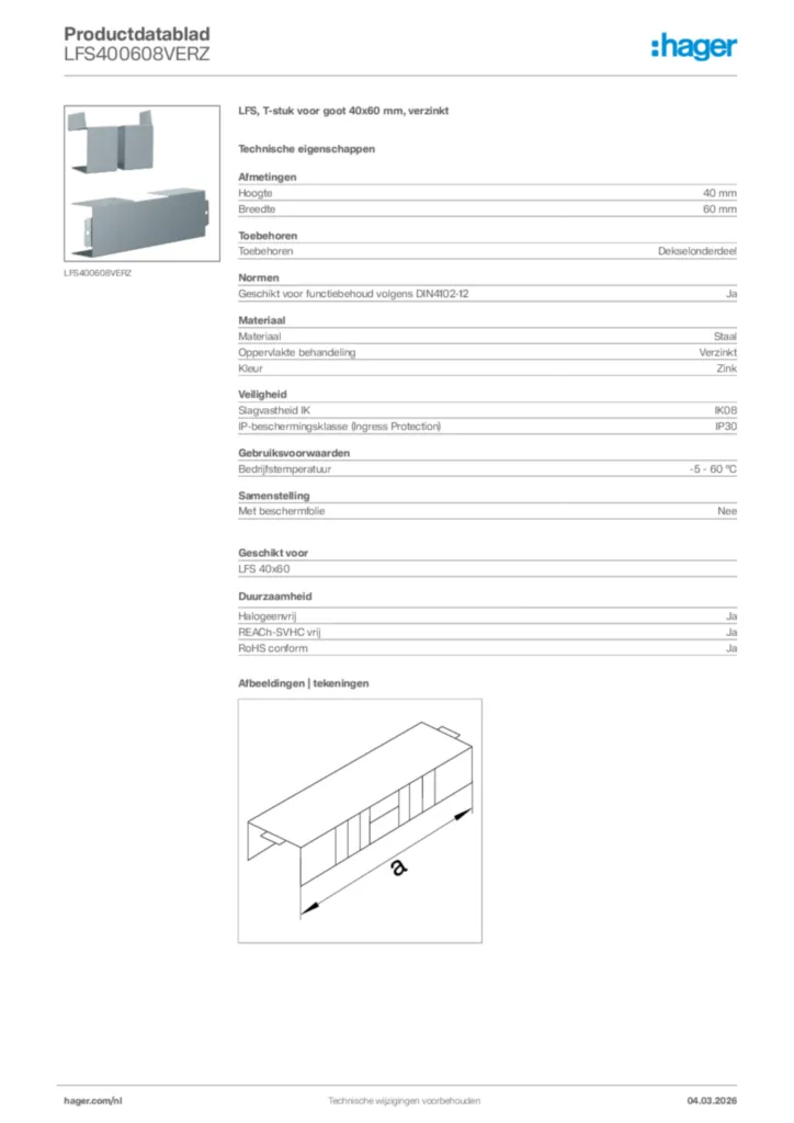 Afbeelding Hager Productdatablad LFS400608VERZ | Hager Nederland