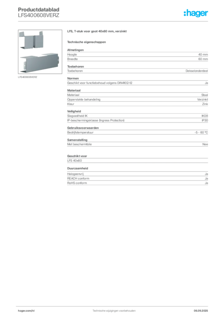 Afbeelding Hager Productdatablad LFS400608VERZ | Hager Nederland