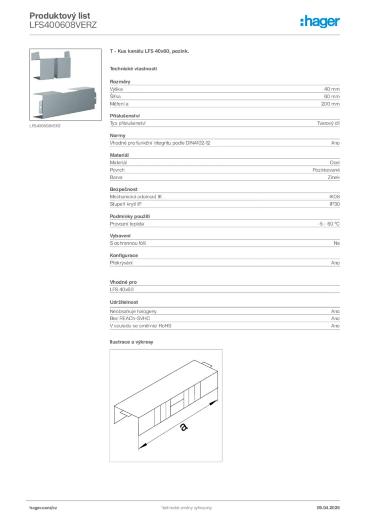Obrázek Hager Product data sheet LFS400608VERZ | Hager