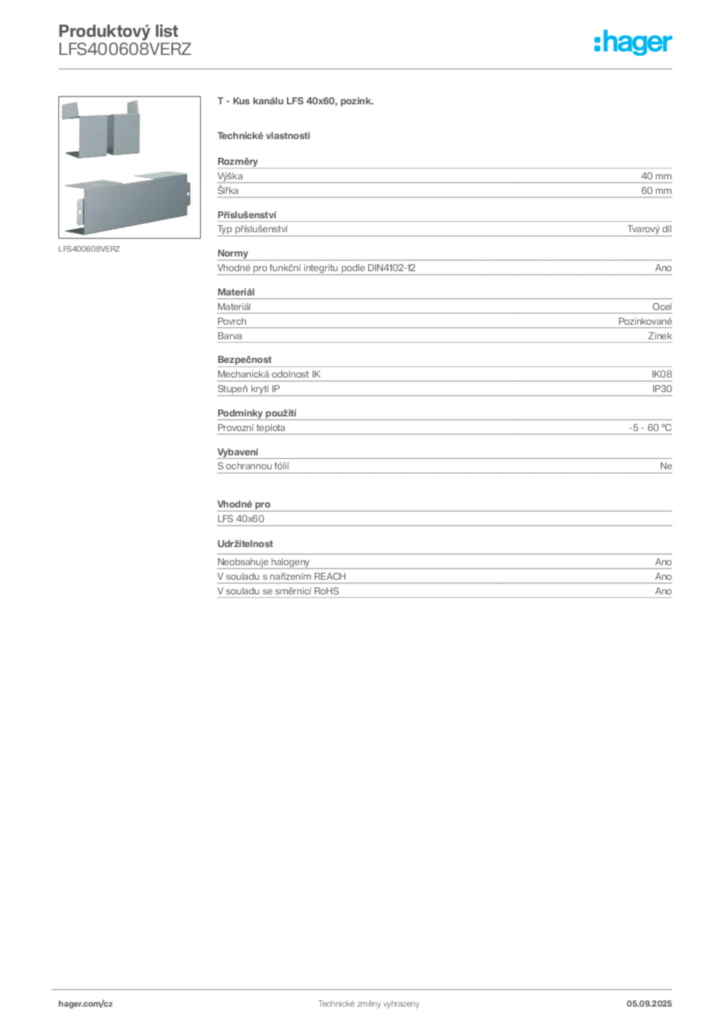 Obrázek Hager Produktový list LFS400608VERZ | Hager