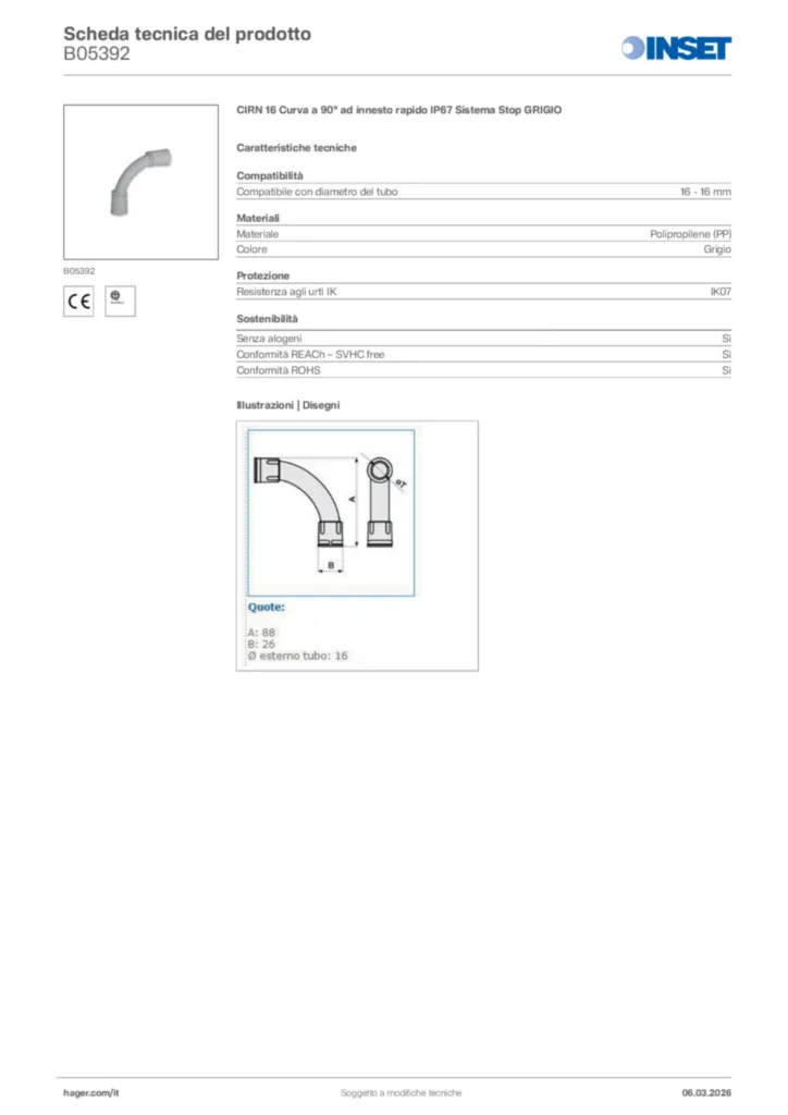 Immagine Inset Scheda tecnica del prodotto B05392 | Hager Italia