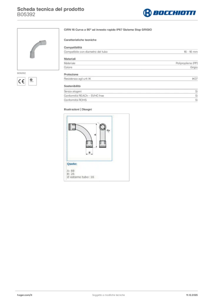 Immagine Bocchiotti Scheda tecnica del prodotto B05392 | Hager Italia
