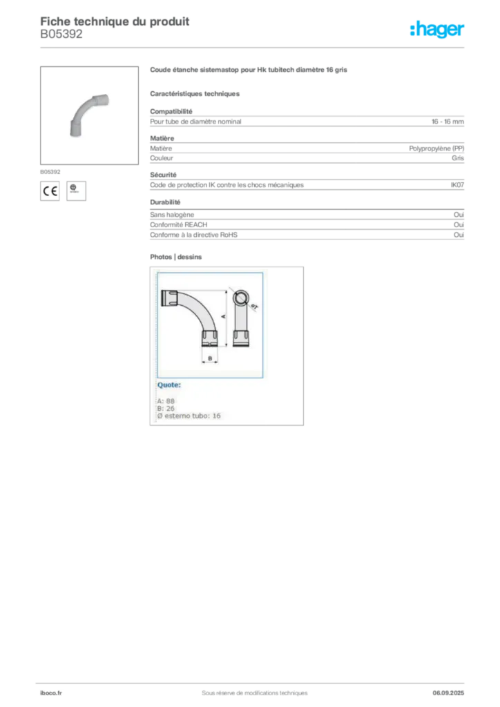 Image Iboco Fiche technique du produit B05392 | Hager France