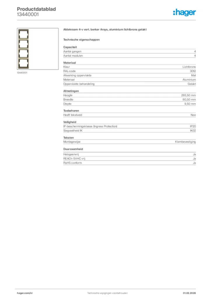 Afbeelding Hager Productdatablad 13440001 | Hager Nederland