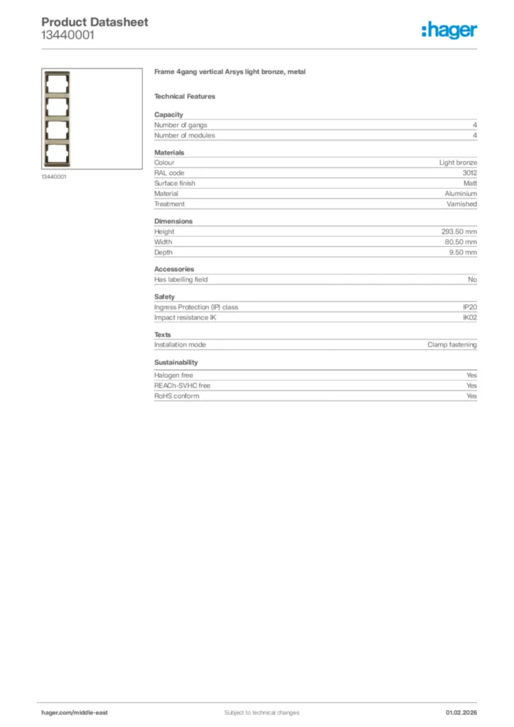 Image Hager Product data sheet 13440001  | Hager