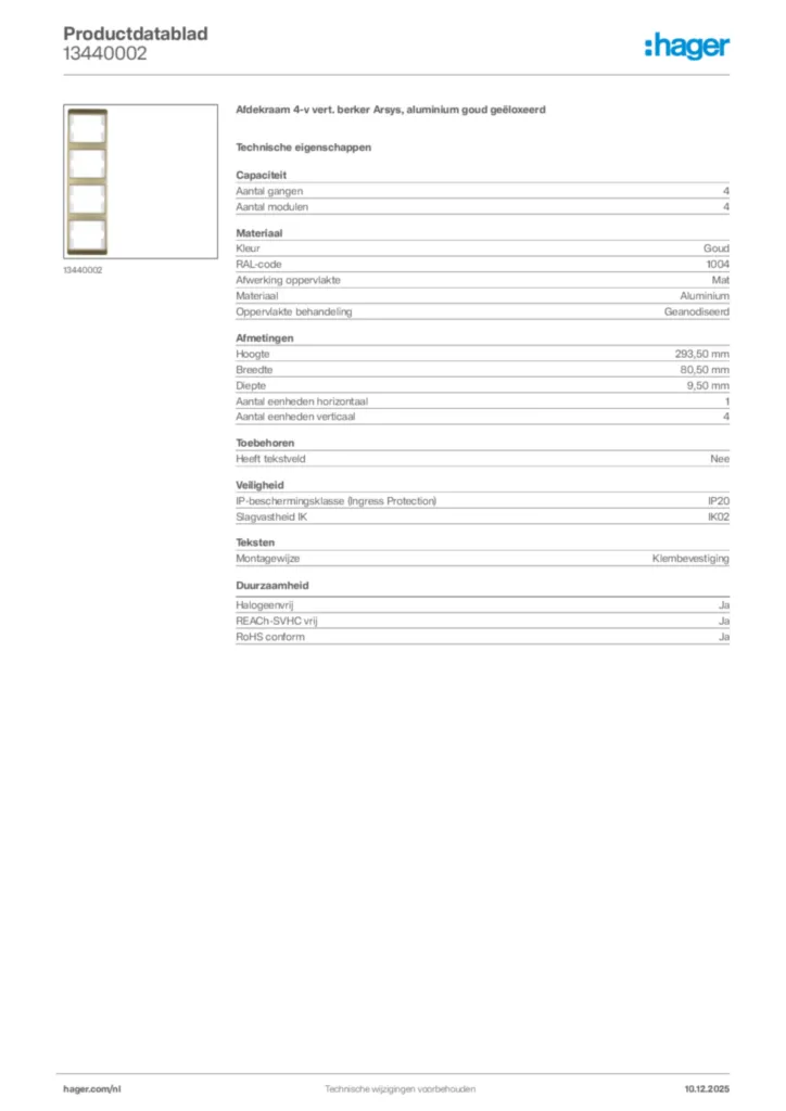 Afbeelding Hager Productdatablad 13440002 | Hager Nederland