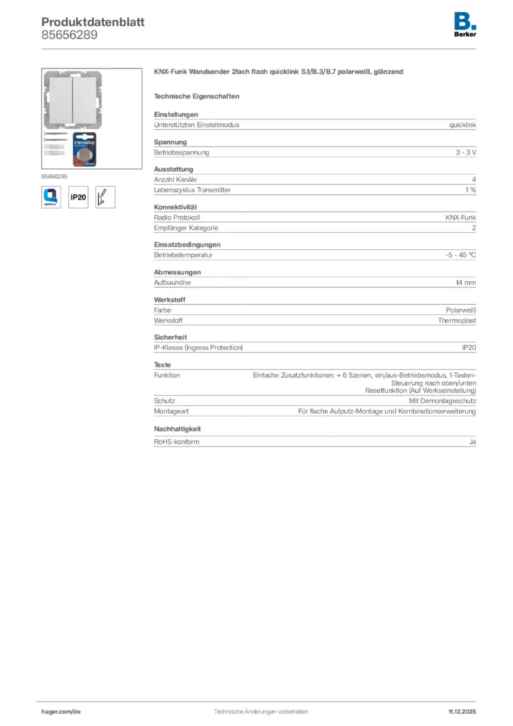 Bild Berker Produktdatenblatt 85656289 | Hager Deutschland