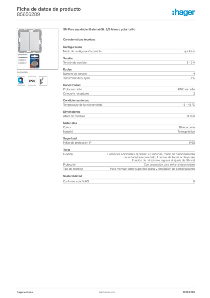 Imagen Hager Ficha de datos de producto 85656289 | Hager España