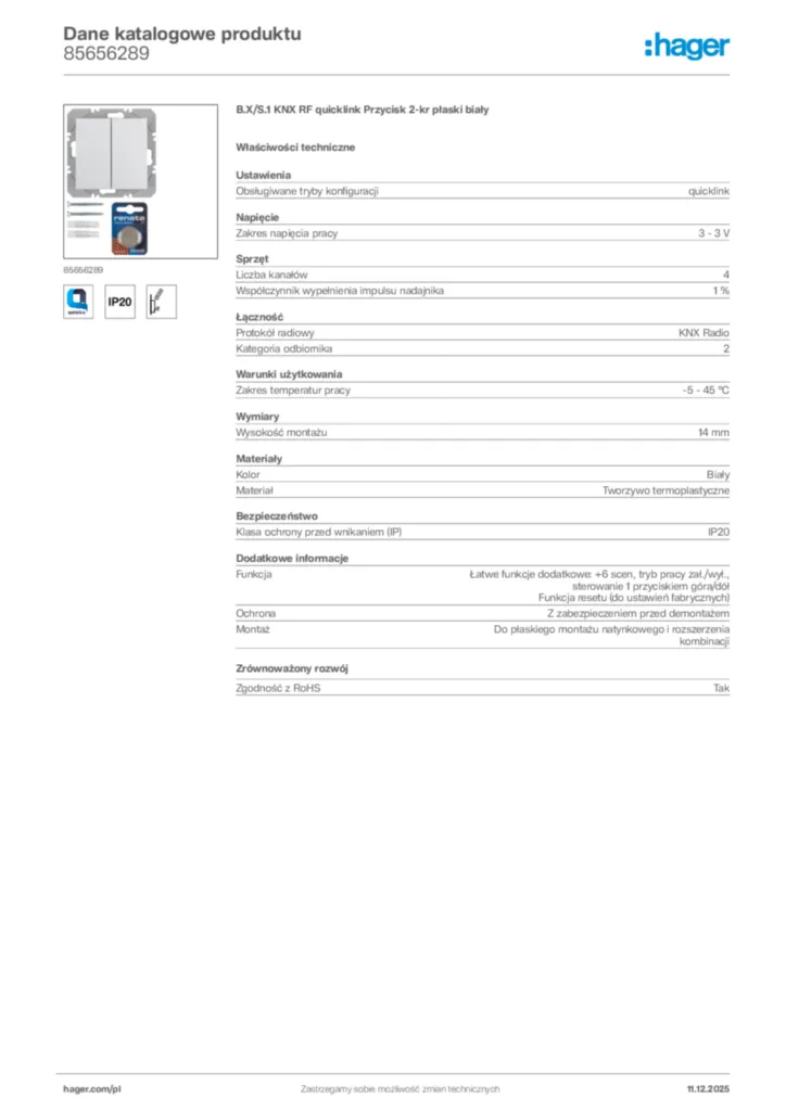 Zdjęcie Hager Dane katalogowe produktu 85656289 | Hager Polska