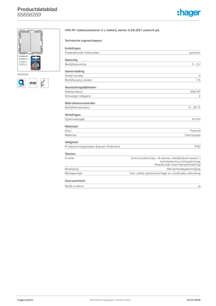 Afbeelding Hager Productdatablad 85656289 | Hager Nederland