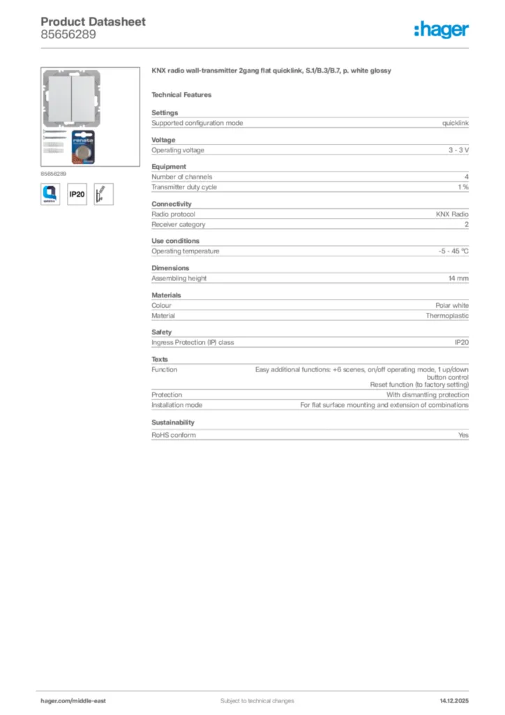 Image Hager Product data sheet 85656289  | Hager