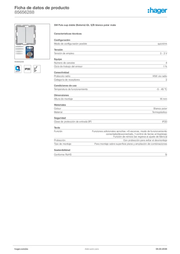 Imagen Hager Ficha de datos de producto 85656288 | Hager España