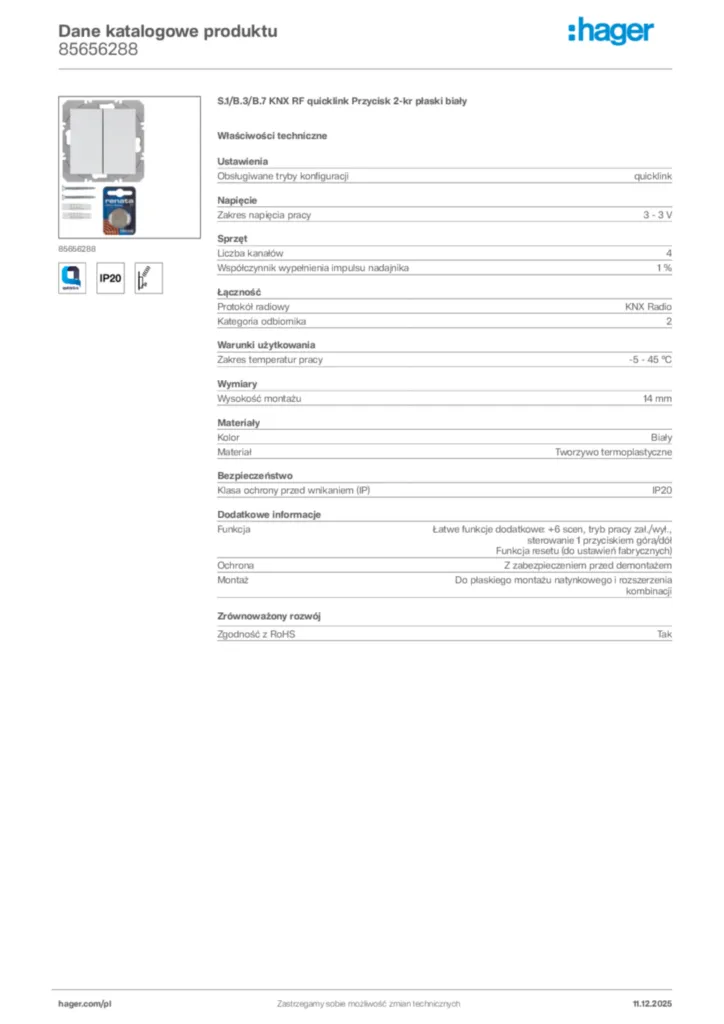 Zdjęcie Hager Dane katalogowe produktu 85656288 | Hager Polska