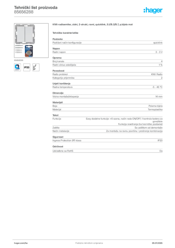 Slika Hager Product data sheet 85656288  | Hager