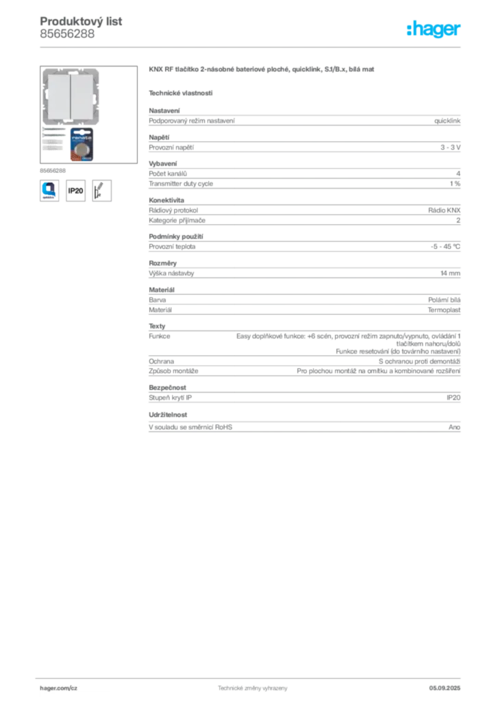 Obrázek Hager Produktový list 85656288 | Hager