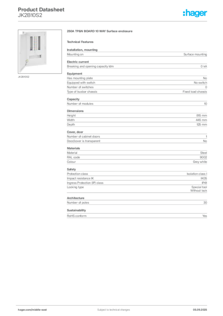 Image Hager Product data sheet JK2B10S2  | Hager