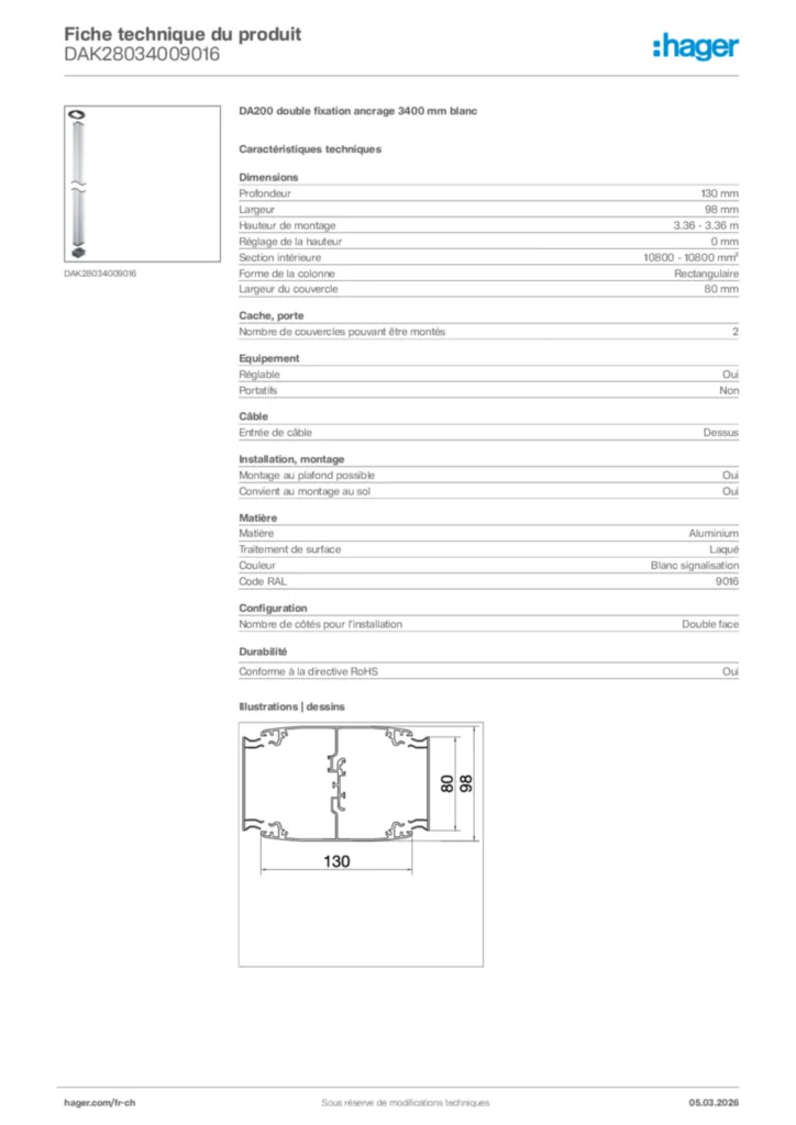 Image Hager Fiche technique du produit DAK28034009016 | Hager Suisse
